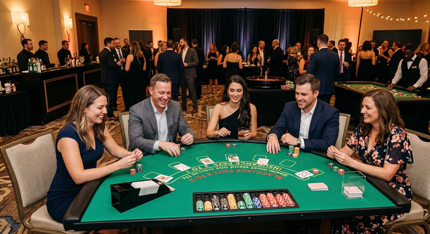 Guests playing blackjack at an Encore Talent casino night
