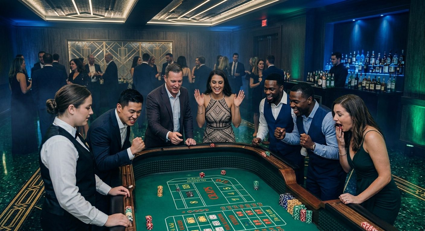 Guests cheering at a craps table during an Encore Talent casino night